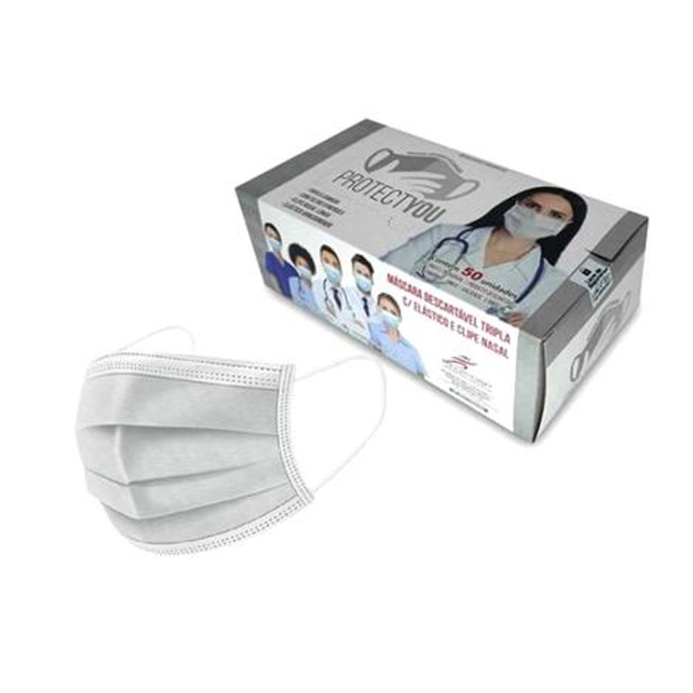 Mascara Tripla com Elástico com 50 unid Branca - Protect You 1 Mascara Tripla com Elástico com 50 unid Branca - Protect You Medihosp