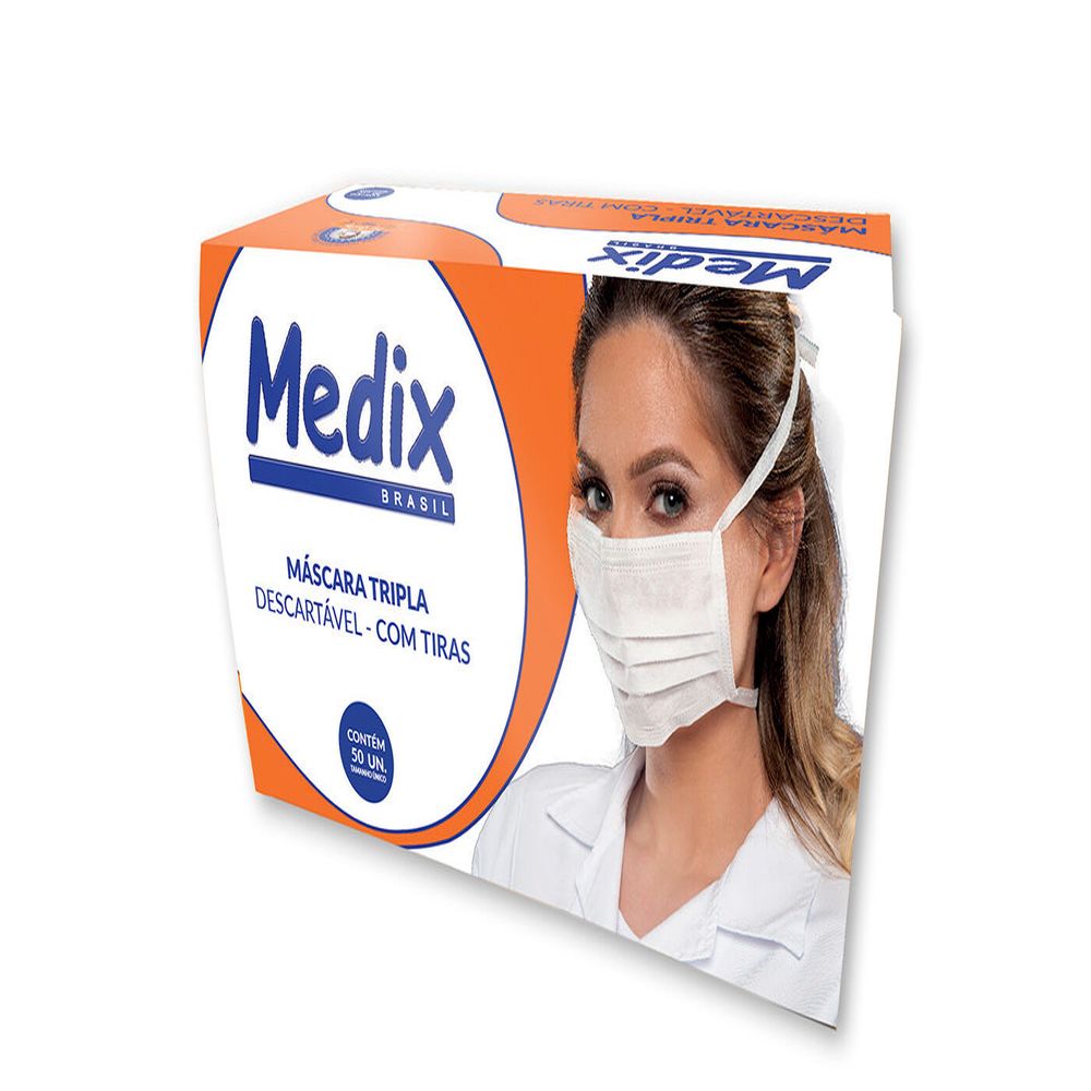 Máscara Tripla descartável em TNT Branca com 50 Medix