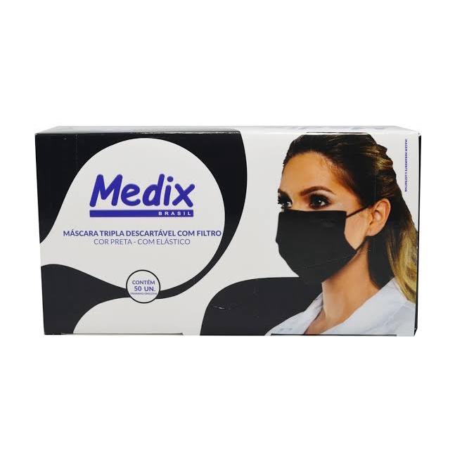 Máscara Tripla descartável em TNT Preta com 50 Medix