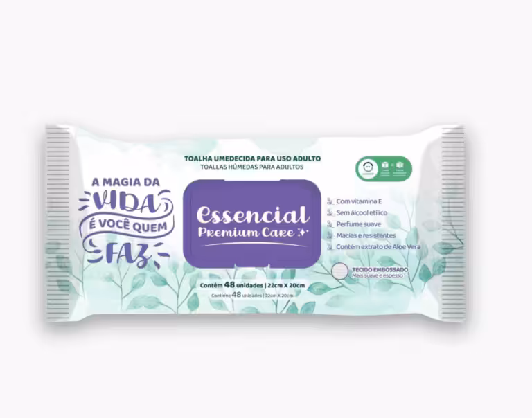 Toalha Umedecida Adulto 48 folhas 22 x 20cm - Essencial Care