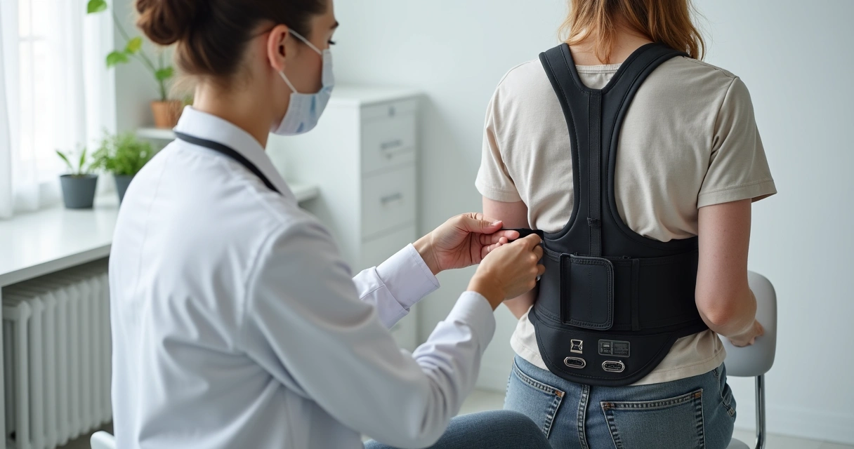 Ajuste de colete ortopédico em paciente sentado em consultório 