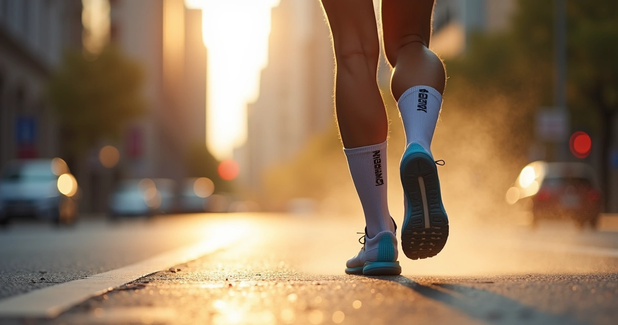 Meia de Compressão para Corrida: Guia Completo 2 Corredor de rua com meia de compressão nos dois pés.