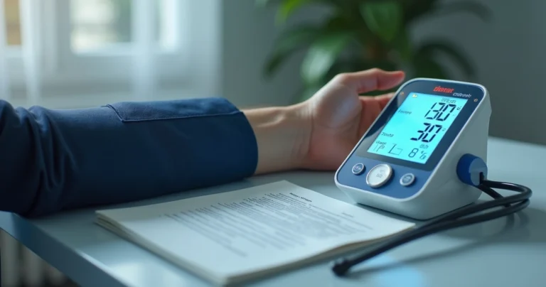 Digital blood pressure monitor on arm with incorrect cuff positioning and open user manual on table
