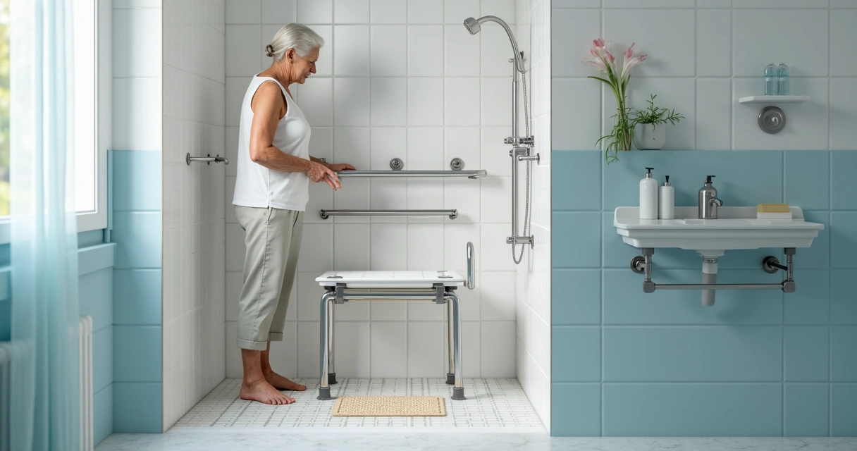 Elderly person using bathroom safety equipment including grab bars and non-slip mats