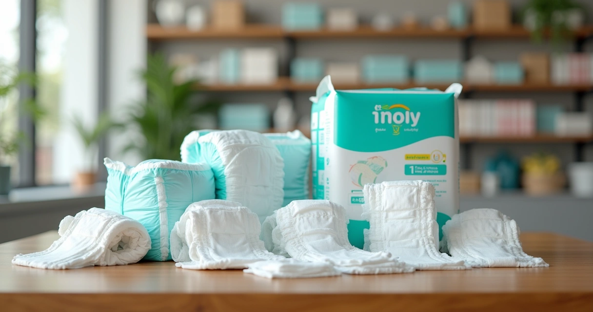Various types and sizes of geriatric diapers displayed on a wooden table with colorful packaging and labels