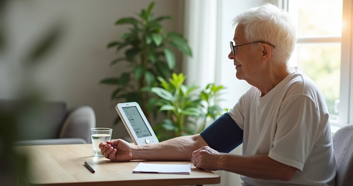 7 erros ao medir a pressão com aparelho digital 2 Elderly person measuring blood pressure at home with digital device on table