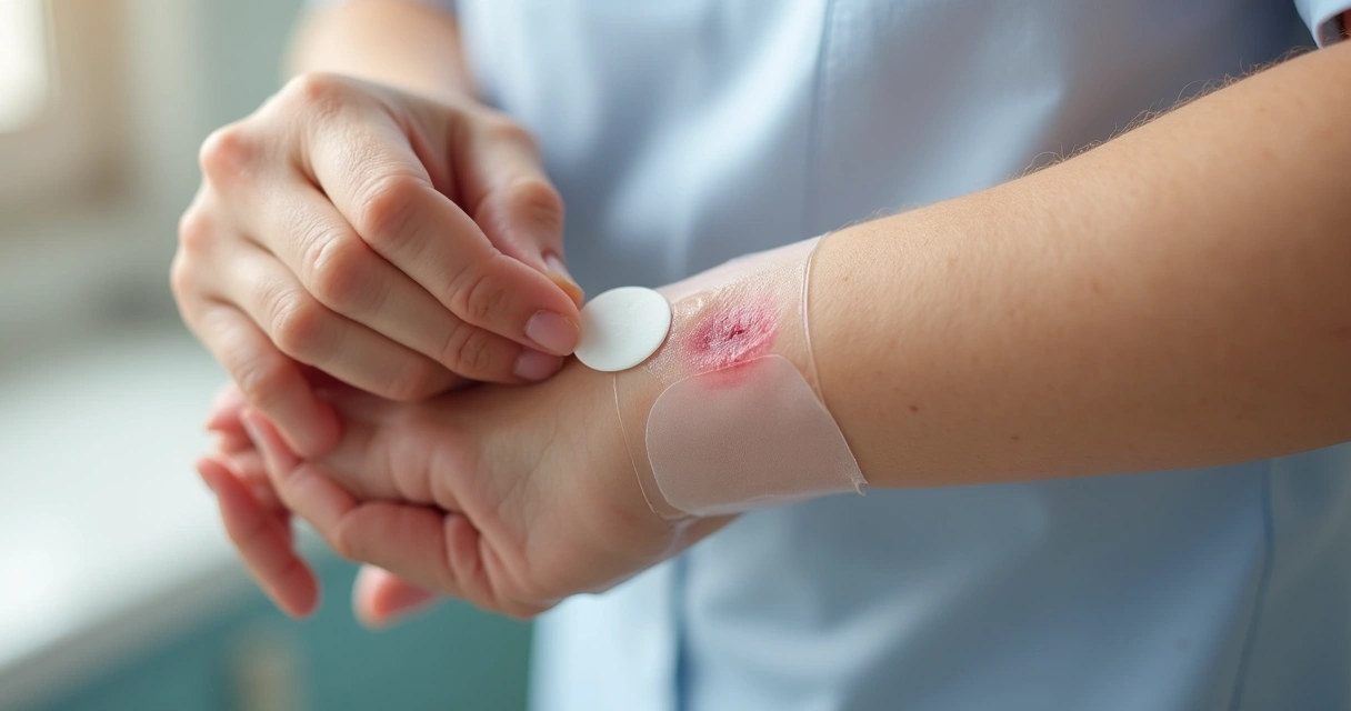 Close-up of hydrocolloid wound dressing being applied to a forearm wound with white bandage edges and visible skin texture