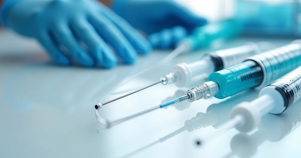 Close-up of medical syringes and catheters on a sterile surface with blue surgical gloves in the background