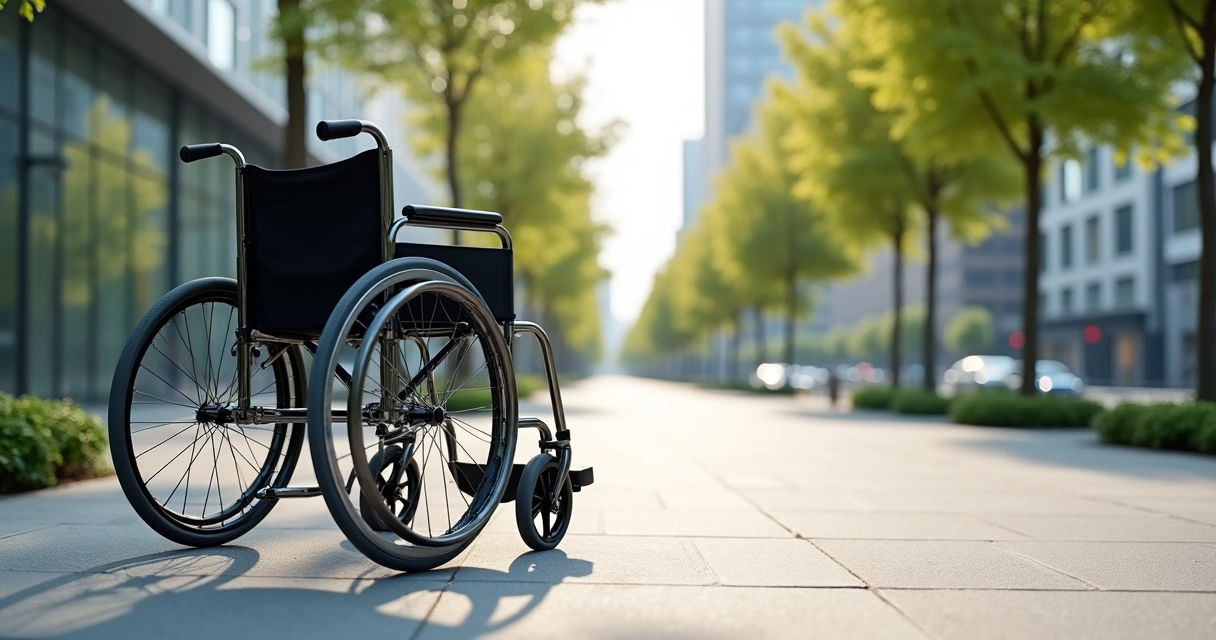 Modern manual wheelchair standing on an urban sidewalk with green trees and buildings in the background