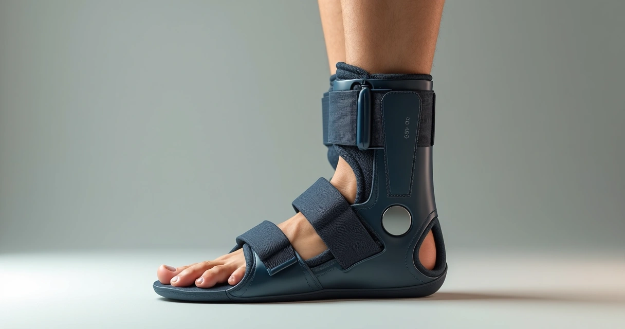 Close-up of a medical orthopedic ankle boot with adjustable straps on a leg