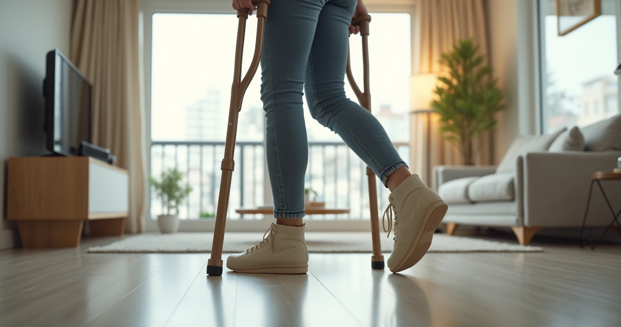 Bota ortopédica: cuidados diários para uma recuperação eficaz 3 Person using orthopedic boot and crutches on apartment floor