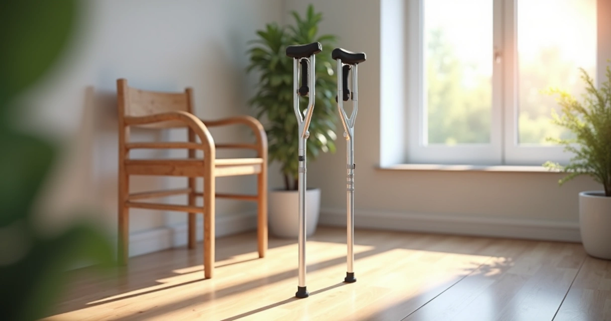 Pair of orthopedic crutches standing upright next to a wooden chair in a bright, clean room with sunlight coming through a window