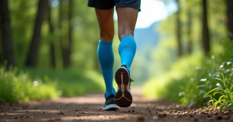 Runner on outdoor trail wearing blue compression socks and running shoes