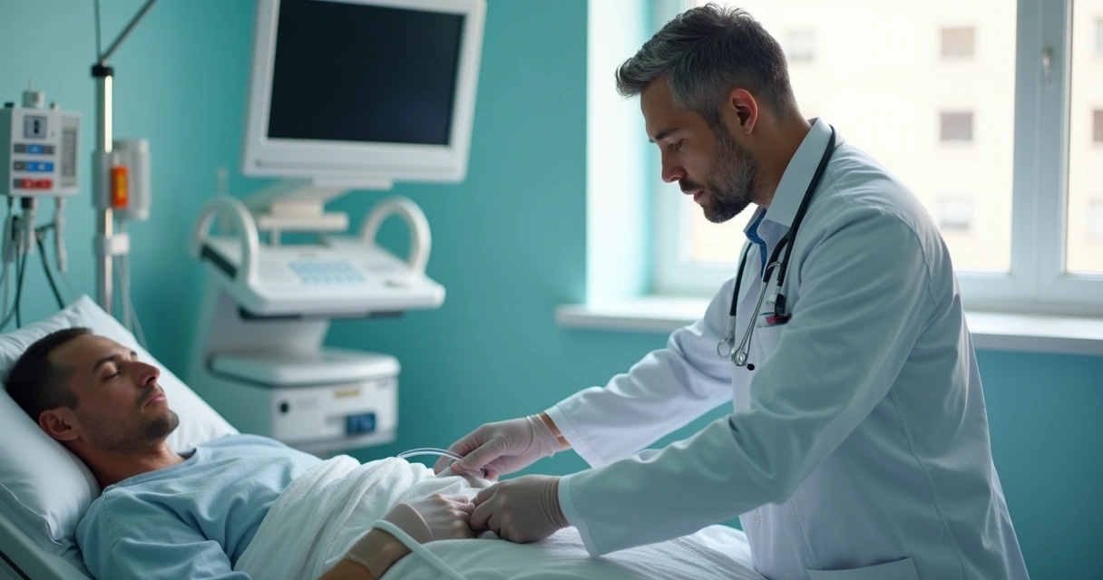 Médico conferindo a sonda de um paciente acamado, assegurando posicionamento e fixação 