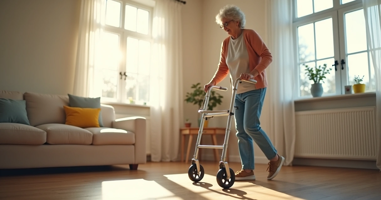 Andadores vs. Muletas: Qual é o Melhor para Recuperação? 2 Idoso utilizando andador articulado em casa