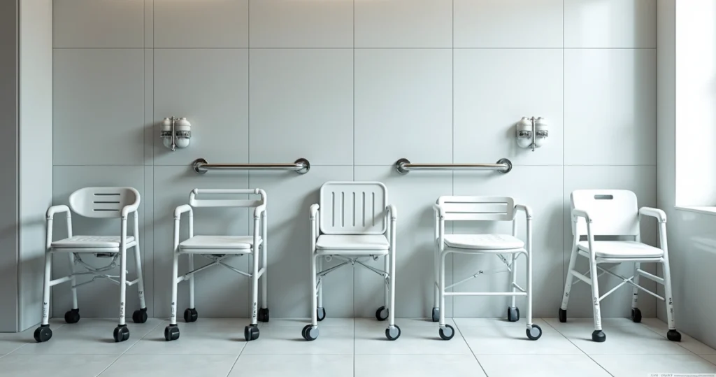 Five different models of hygienic bath chairs arranged in a bright bathroom setting with features like rubber feet, aluminum frames, wheels, and armrests clearly visible