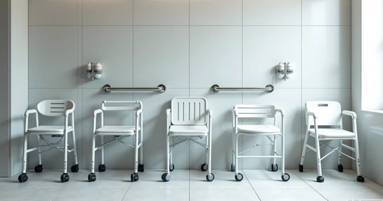 Five different models of hygienic bath chairs arranged in a bright bathroom setting with features like rubber feet, aluminum frames, wheels, and armrests clearly visible
