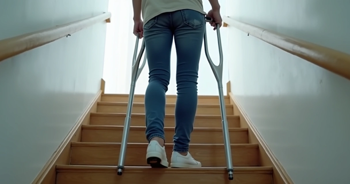 Andadores vs. Muletas: Qual é o Melhor para Recuperação? 3 Pessoa com muleta subindo escada