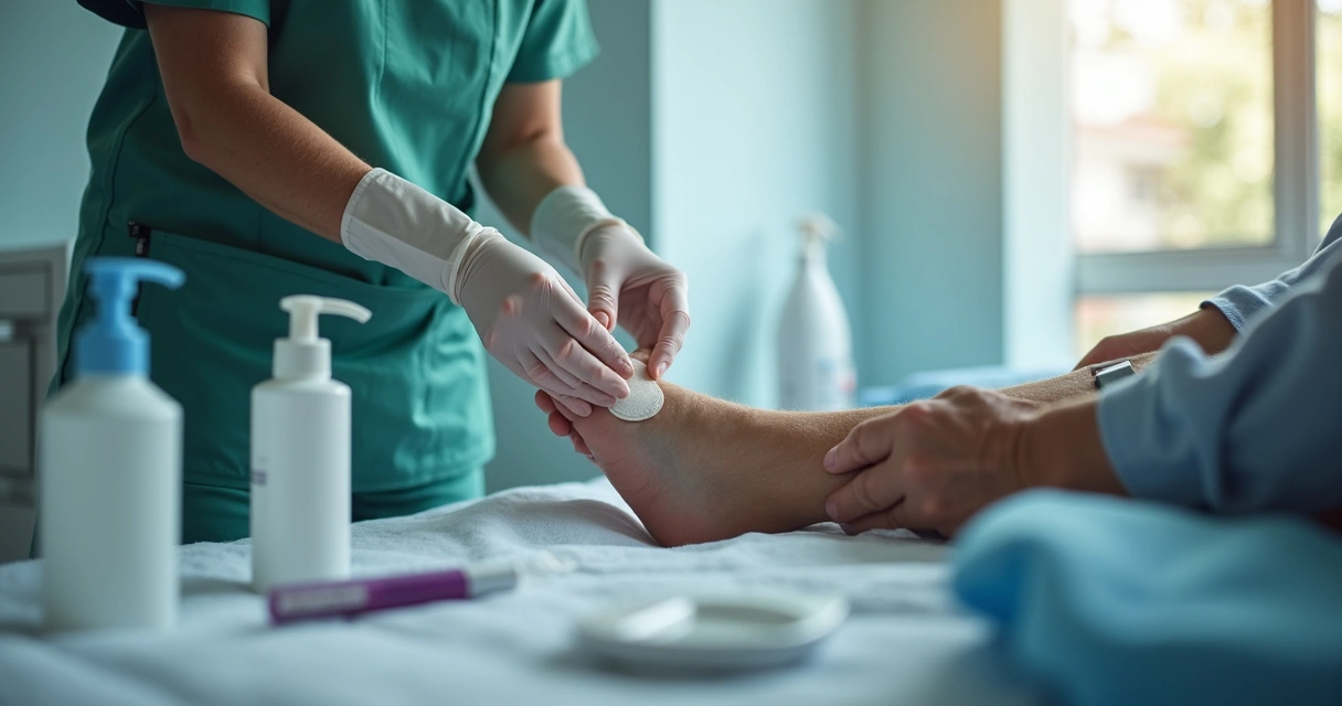 PHMB: Guia Completo Sobre Uso e Benefícios no Tratamento de Feridas 2 Enfermeiro aplicando curativo impregnado em ferida em paciente idoso, ambiente hospitalar detalhado, luvas, materiais estéreis ao redor.