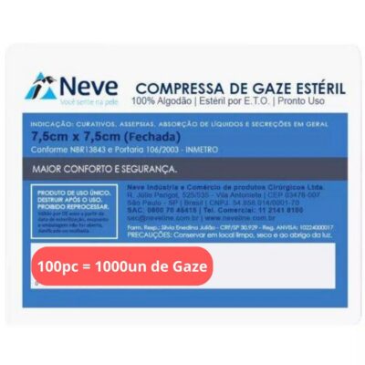 Gaze Estéril 13 Fios 7,5cm x 7,5cm 100 Pacotes (1000un) Neve