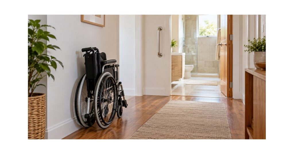 Corredor de casa com porta larga, cadeira de rodas dobrável encostada na parede e barra de apoio visível no banheiro ao fundo
