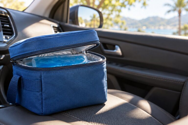 Como transportar insulina e canetas emagrecedoras no calor sem estragar o medicamento 6 Estojo térmico azul com bolsa de gel entreaberto sobre painel desfocado de carro em dia ensolarado