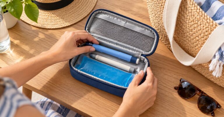 Como transportar insulina e canetas emagrecedoras no calor sem estragar o medicamento 2 Mãos guardando uma caneta de medicamento dentro de um estojo térmico azul com bolsa de gel, ao lado de bolsa de praia