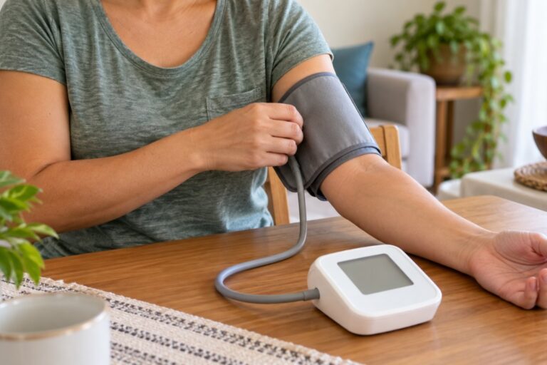 Prevenção na saúde: o que dá para fazer em casa, de verdade 2 Pessoa ajustando manguito de aparelho de pressão no próprio braço
