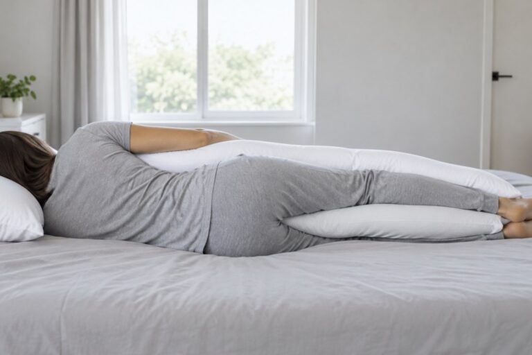 Dormir de lado com a coluna alinhada: quando usar travesseiro de corpo 2 Ilustração de pessoa deitada de lado, de costas, com as pernas alinhadas e um travesseiro de corpo entre os joelhos e à frente do tronco