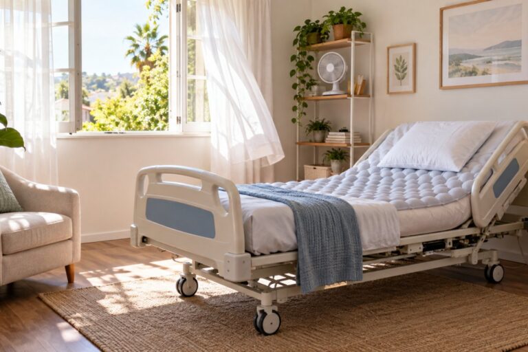 Idoso acamado ou cadeirante no calor: 8 cuidados para evitar assaduras e lesões por pressão 3 Cama hospitalar com colchão pneumático em quarto ventilado, janela aberta e ventilador, ambiente fresco para paciente acamado
