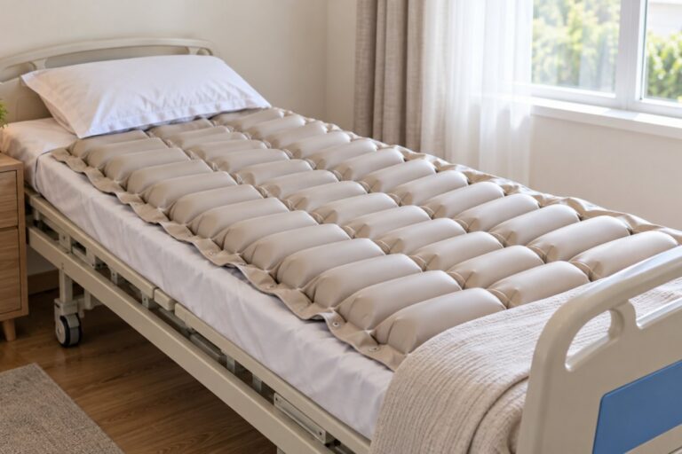 Colchão pneumático com células de ar segmentadas sobre cama hospitalar, ambiente claro