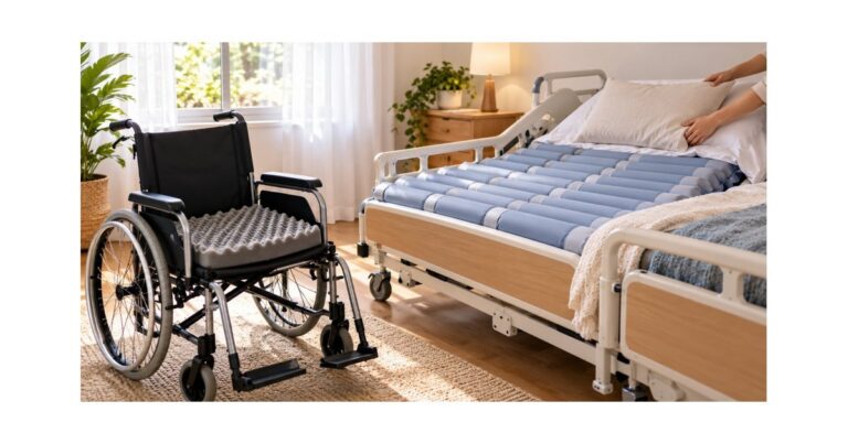 Cadeira de rodas com almofada de espuma tipo caixa de ovo ao lado de cama hospitalar com colchão pneumático segmentado, cuidador ajustando travesseiro