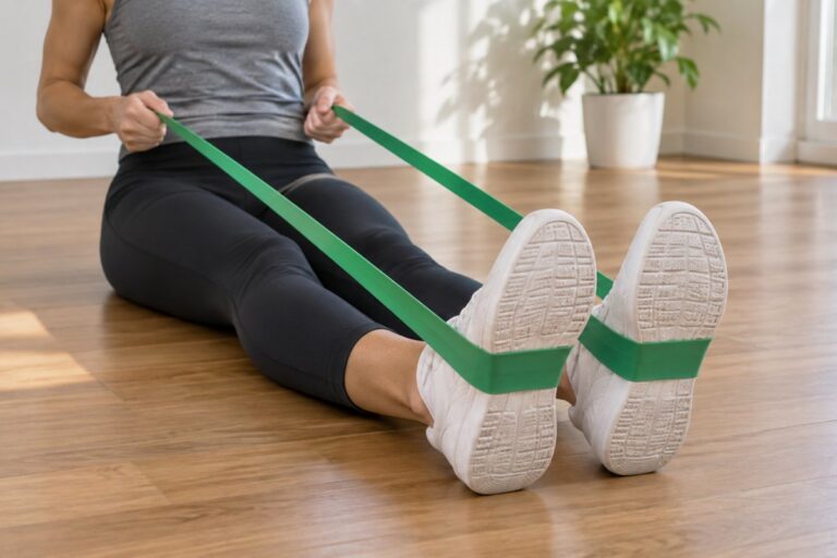 Musculação em casa com faixa elástica: como começar 17 Pessoa sentada no chão, com as pernas estendidas e as solas dos tênis voltadas para a frente, segura as pontas de uma faixa elástica verde que passa pelo meio da sola dos dois pés