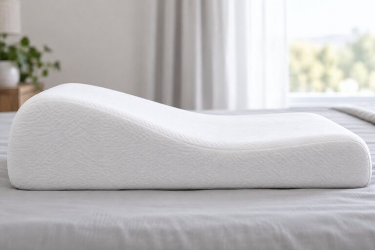 Posição para dormir com dor no pescoço: e o travesseiro? 2 Travesseiro branco de perfil ondulado visto de lado, com uma borda mais alta e outra mais baixa