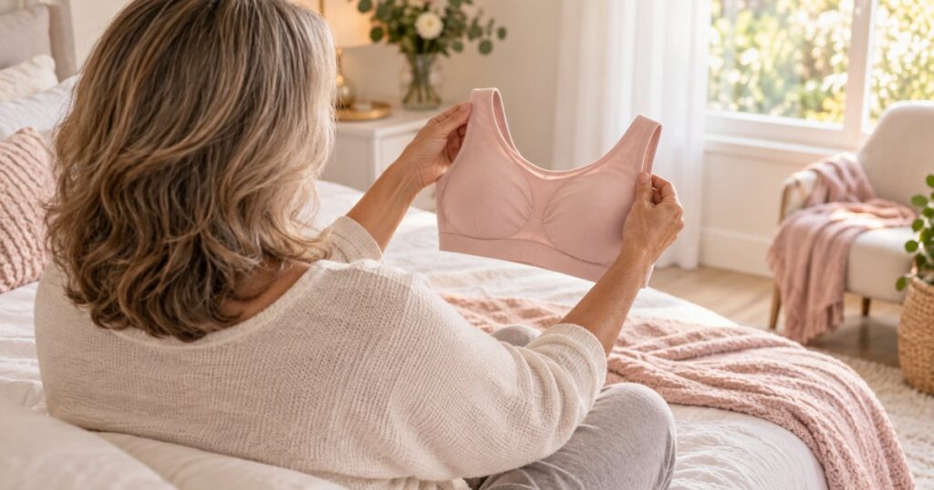 Mulher vista de costas segura um sutiã rosa claro com bolso interno para prótese mamária, em um quarto claro e tranquilo