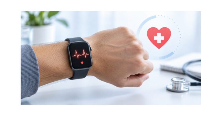 Smartwatch detecta infarto? Entenda os limites 2 Relógio inteligente genérico exibindo um traçado cardíaco em ambiente clínico editorial