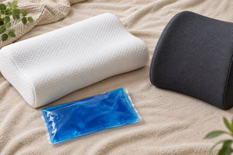 Tensão muscular que não passa: bolsa quente, fria ou apoio postural? 19 Bolsa de gel térmica, travesseiro ortopédico cervical e encosto lombar ergonômico dispostos lado a lado sobre tecido neutro