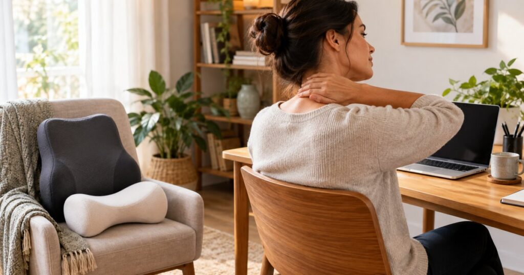 Pessoa de costas em mesa de trabalho tocando o pescoço, com travesseiro ortopédico e encosto ergonômico na cadeira ao lado