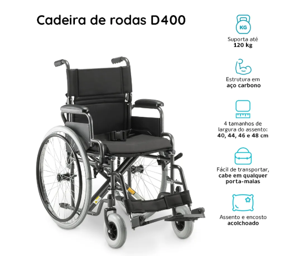 Cadeira de Rodas Dobrável em Aço D400 até 120 kg - Dellamed 2 Cadeira de Rodas Dobrável em Aço D400 até 120 kg - Dellamed – imagem 2 de 4