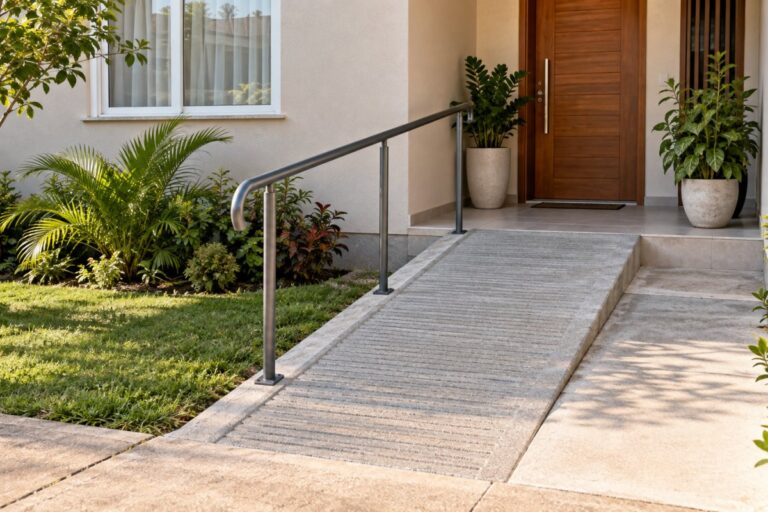 Rampa de entrada com corrimão no lugar de um degrau, em frente à porta de uma casa