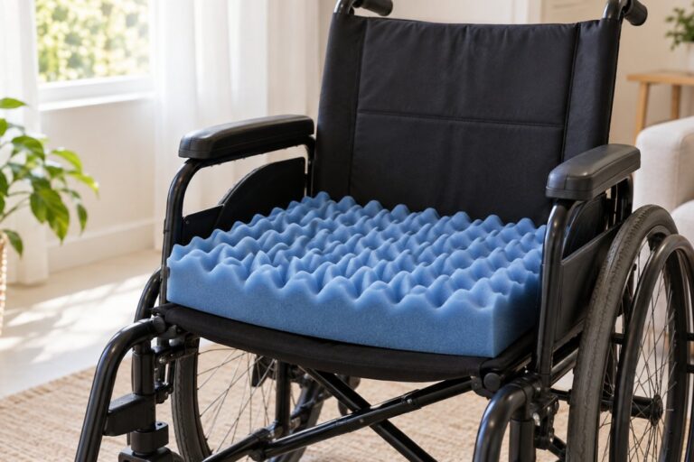 Dia Mundial da Paralisia Cerebral: mobilidade, pele e o que organizar em casa 2 Almofada de espuma tipo caixa de ovo: distribui parte da pressão, mas não substitui a mudança de posição.