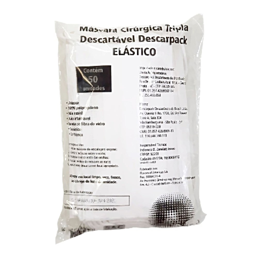 Máscara Cirúrgica Tripla Elástico 50 Unidades - Descarpack 2 Máscara Cirúrgica Tripla Elástico 50 Unidades - Descarpack – imagem 2 de 3
