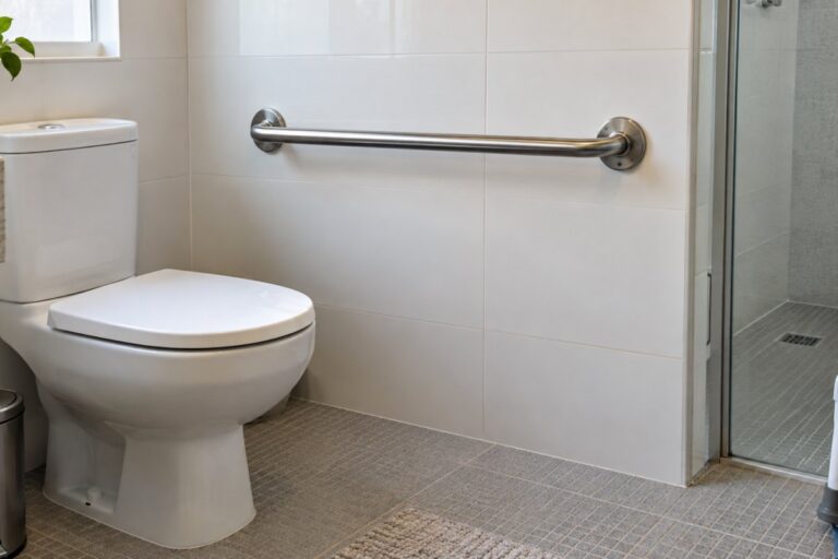 Barra de apoio fixada na parede ao lado do vaso sanitário, com piso antiderrapante e box ao fundo