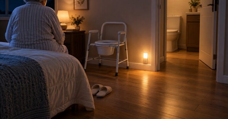 Quarto à noite com luz de presença acesa, caminho livre até o banheiro, chinelos ao lado da cama e uma cadeira higiênica dobrável genérica