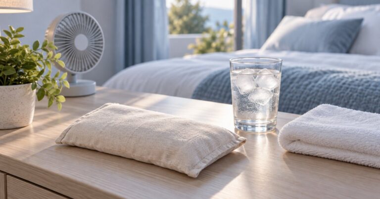 Mesa de cabeceira com bolsa de tecido, copo de água com gelo, toalha e ventilador pequeno em um quarto claro