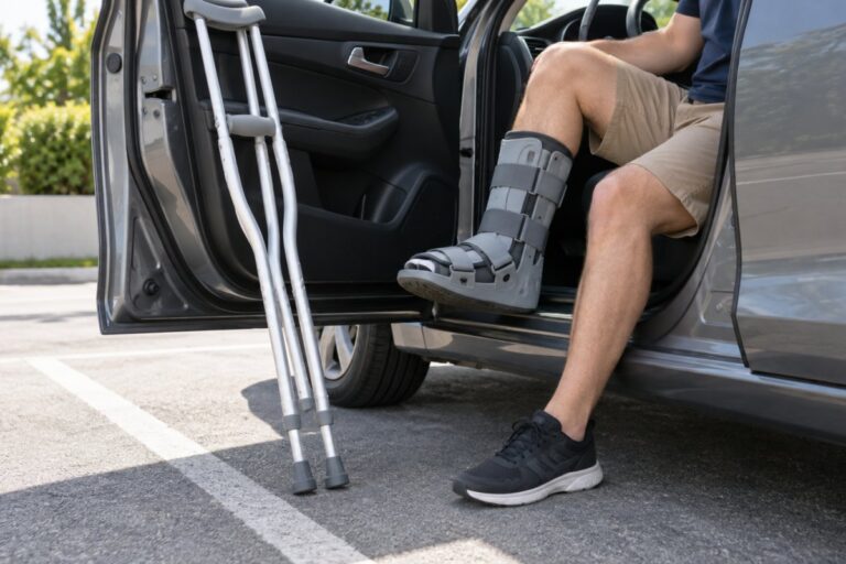 Pode dirigir com bota imobilizadora? Segurança, CTB e quando o médico libera 26 Pessoa sentada no banco do motorista com a porta aberta, com bota ortopédica na perna direita e muletas apoiadas na porta