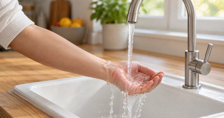 Mão sob um fio de água corrente fria em uma pia de cozinha, primeiro cuidado em uma queimadura pequena